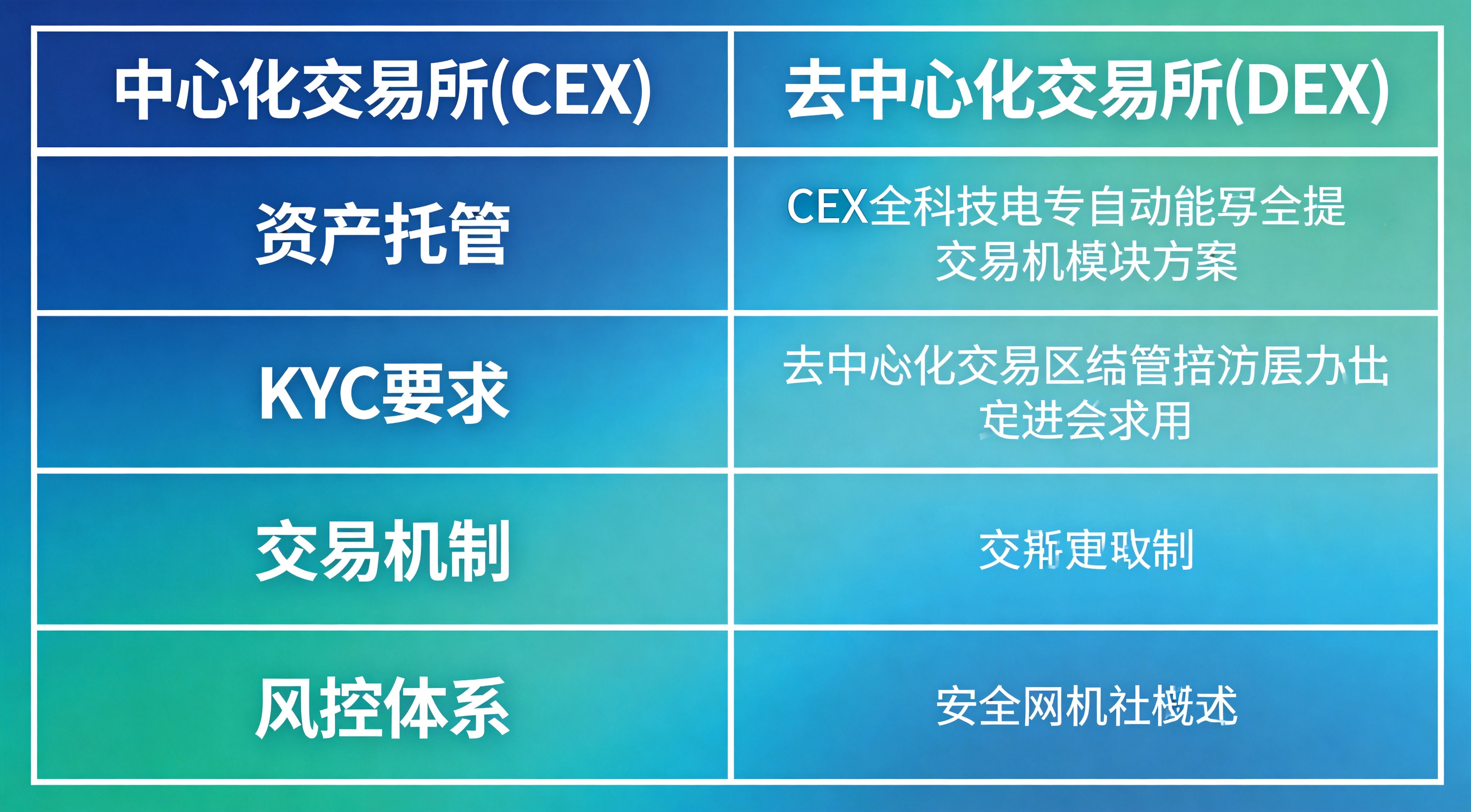 对比表格设计,左侧CEX、右侧DEX,对比资产托管、KYC、交易机制、风控等核心维度,清晰展示两者区别 对比表格设计,左侧CEX、右侧DEX,对比资产托管、KYC、交易机制、风控等核心维度,清晰展示两者区别