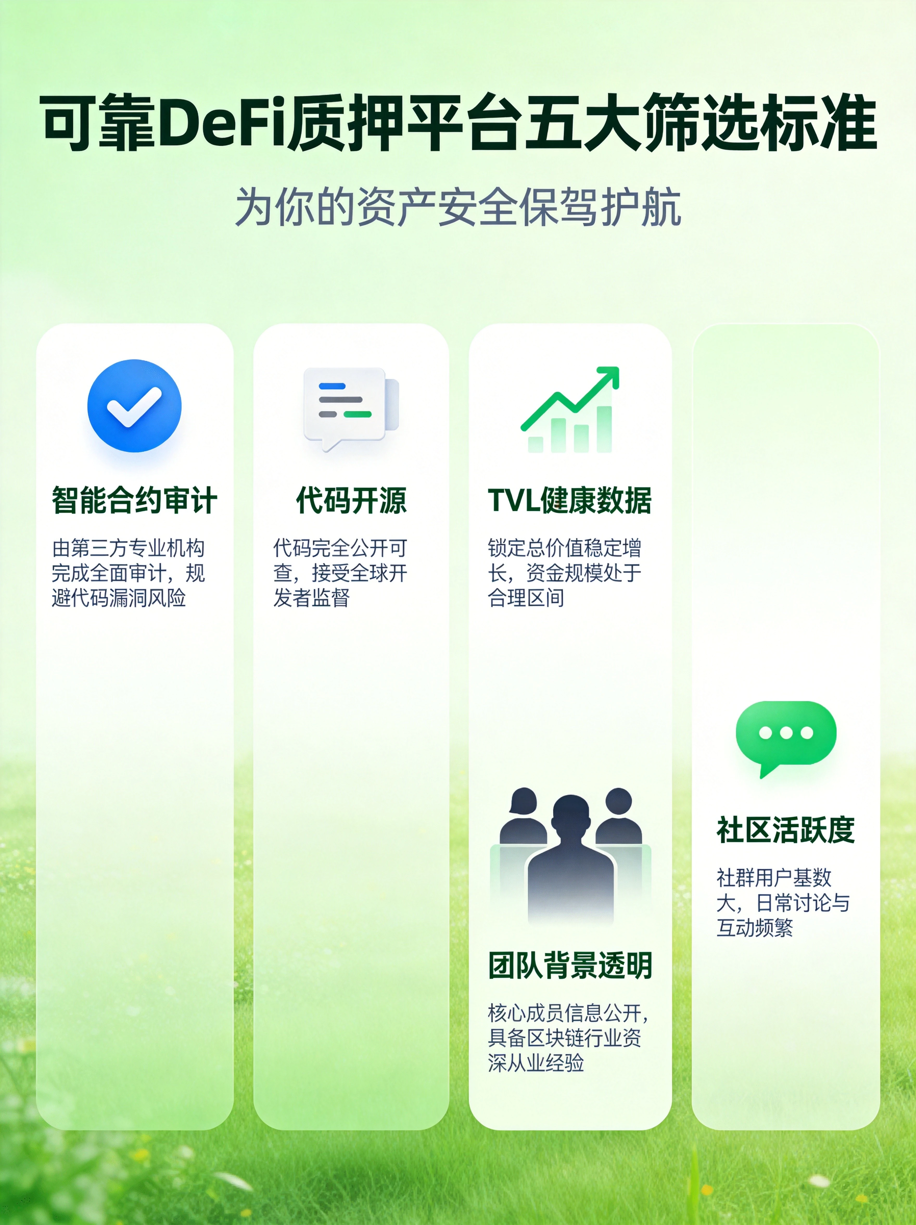 可靠DeFi质押平台五大筛选标准图,展示智能合约审计、代码开源、TVL健康数据、团队背景透明、社区活跃度五个核心评估维度 可靠DeFi质押平台五大筛选标准图,展示智能合约审计、代码开源、TVL健康数据、团队背景透明、社区活跃度五个核心评估维度