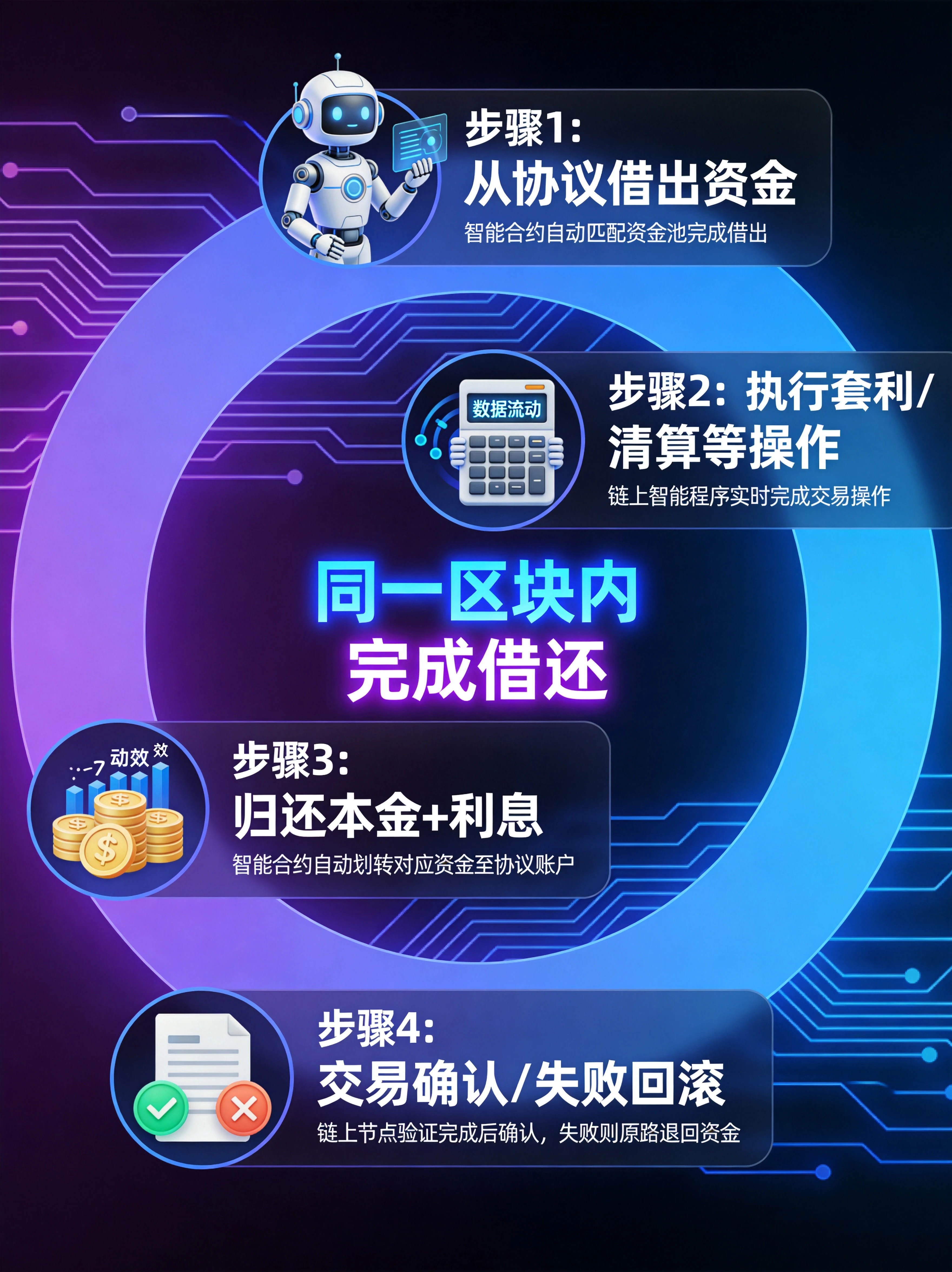 闪电贷核心运作逻辑可视化图,通过环形循环流程展示同一区块内完成借还的核心规则,帮助读者理解闪电贷的底层运作逻辑。 闪电贷核心运作逻辑可视化图,通过环形循环流程展示同一区块内完成借还的核心规则,帮助读者理解闪电贷的底层运作逻辑。