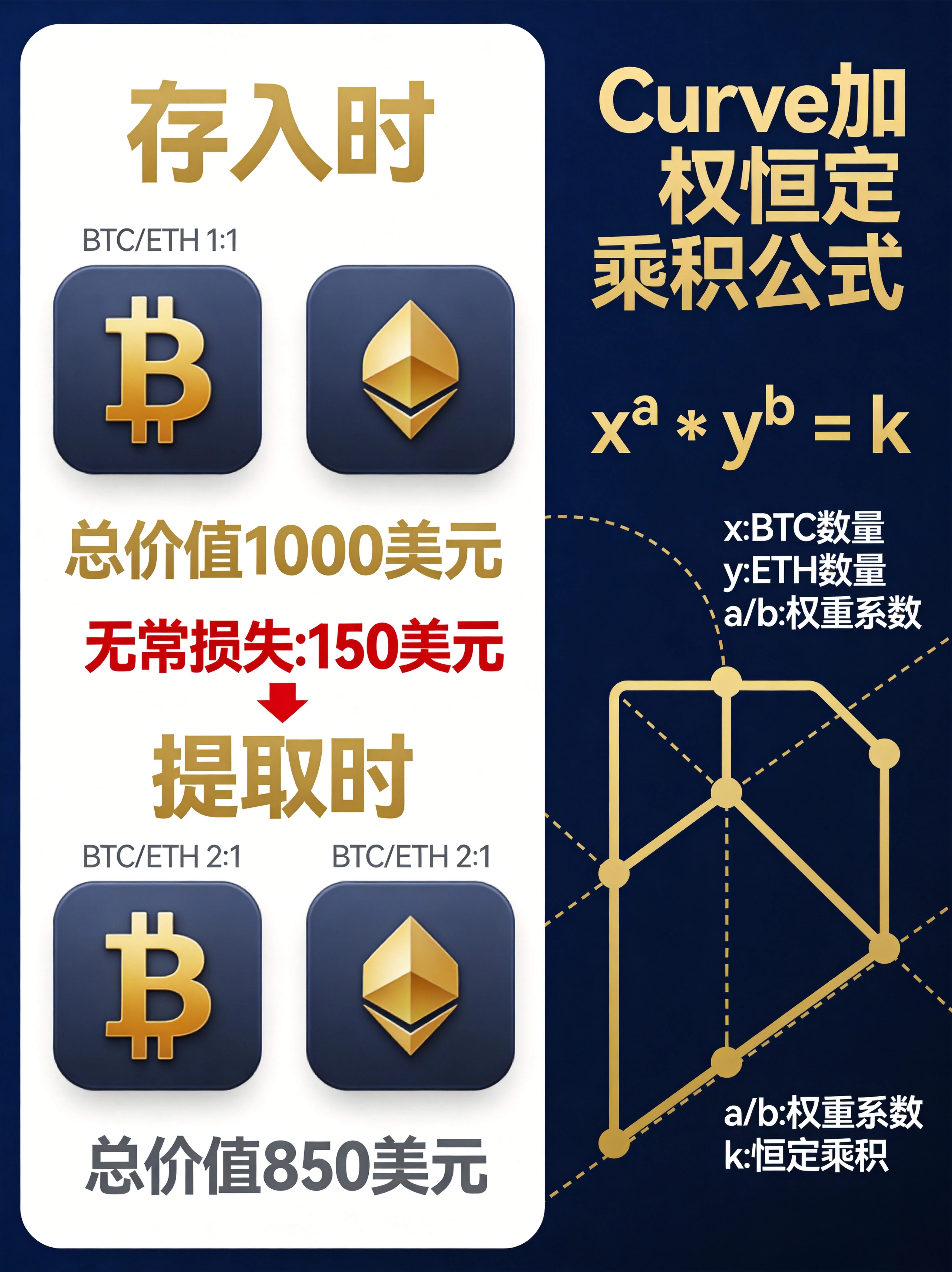 无常损失核心原理与定价公式可视化图,通过直观的场景对比帮助读者理解“价格波动导致价值差”的底层逻辑,同时展示Curve核心定价公式。 无常损失核心原理与定价公式可视化图,通过直观的场景对比帮助读者理解“价格波动导致价值差”的底层逻辑,同时展示Curve核心定价公式。