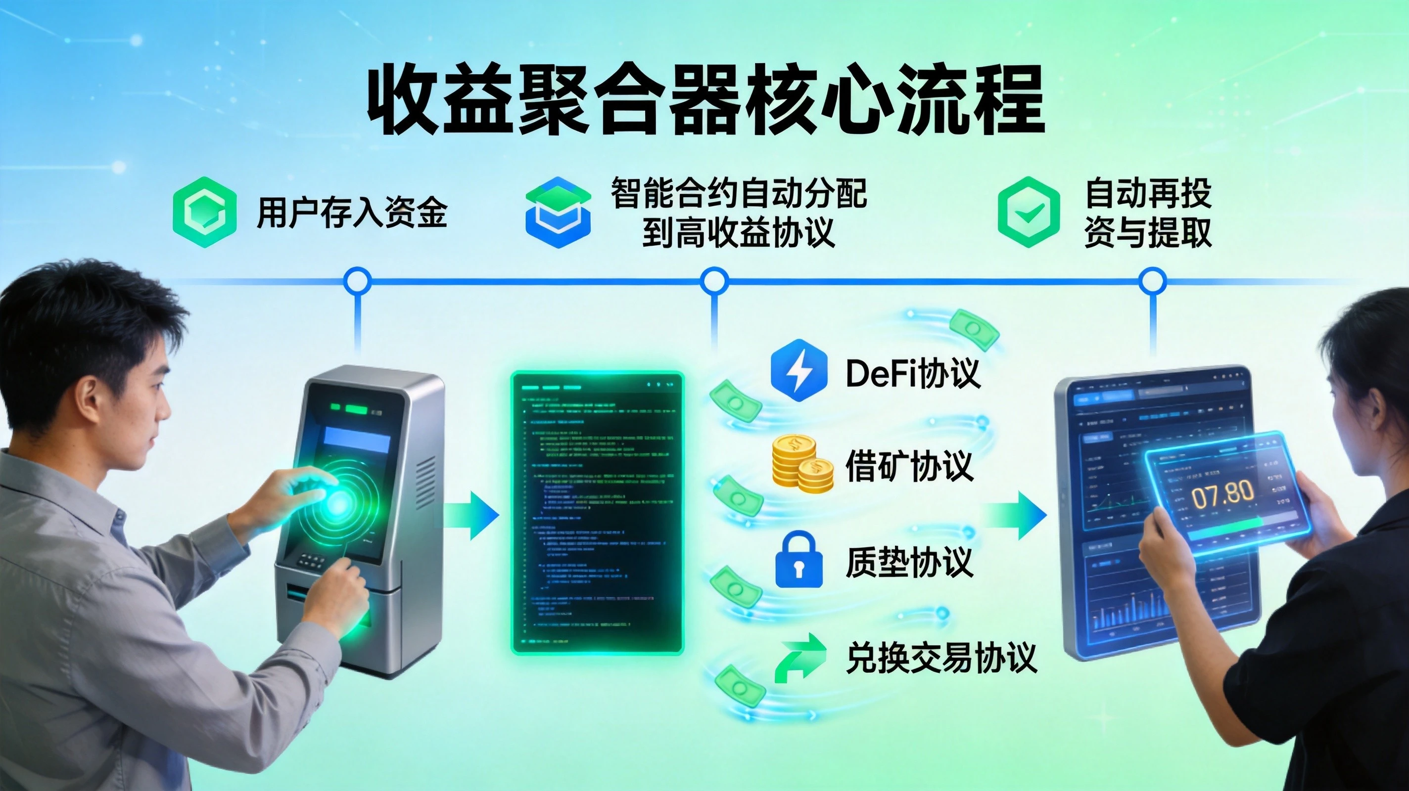 蓝绿色科技风格收益聚合器运作流程图,展示用户存入资金、智能合约自动分配、自动再投资与提取三步核心流程 蓝绿色科技风格收益聚合器运作流程图,展示用户存入资金、智能合约自动分配、自动再投资与提取三步核心流程