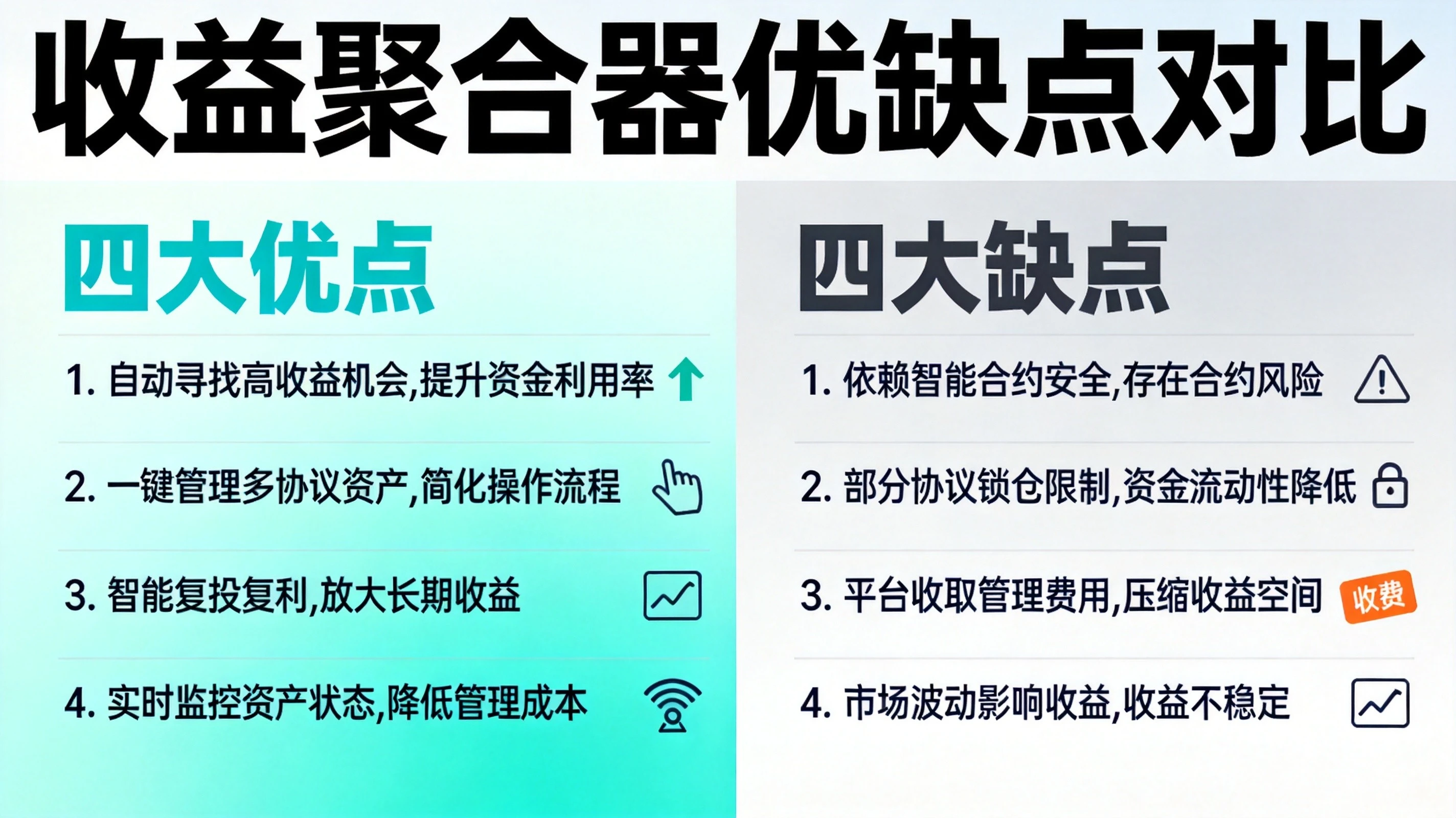 蓝绿色科技风格收益聚合器优缺点对比图,左右分栏展示四大核心优点与四大核心缺点,对比清晰直观 蓝绿色科技风格收益聚合器优缺点对比图,左右分栏展示四大核心优点与四大核心缺点,对比清晰直观