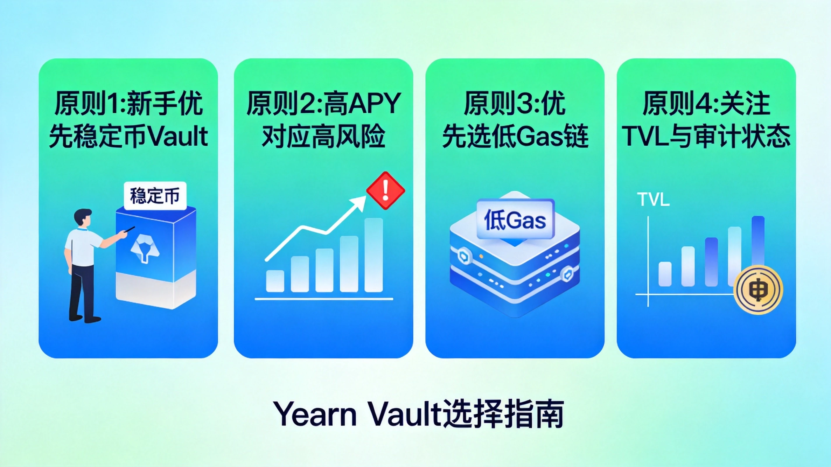 蓝绿色科技风格Yearn Vault选择指南图,用卡片形式展示新手选稳定币、高APY对应高风险、选低Gas链、关注TVL审计四个核心原则 蓝绿色科技风格Yearn Vault选择指南图,用卡片形式展示新手选稳定币、高APY对应高风险、选低Gas链、关注TVL审计四个核心原则